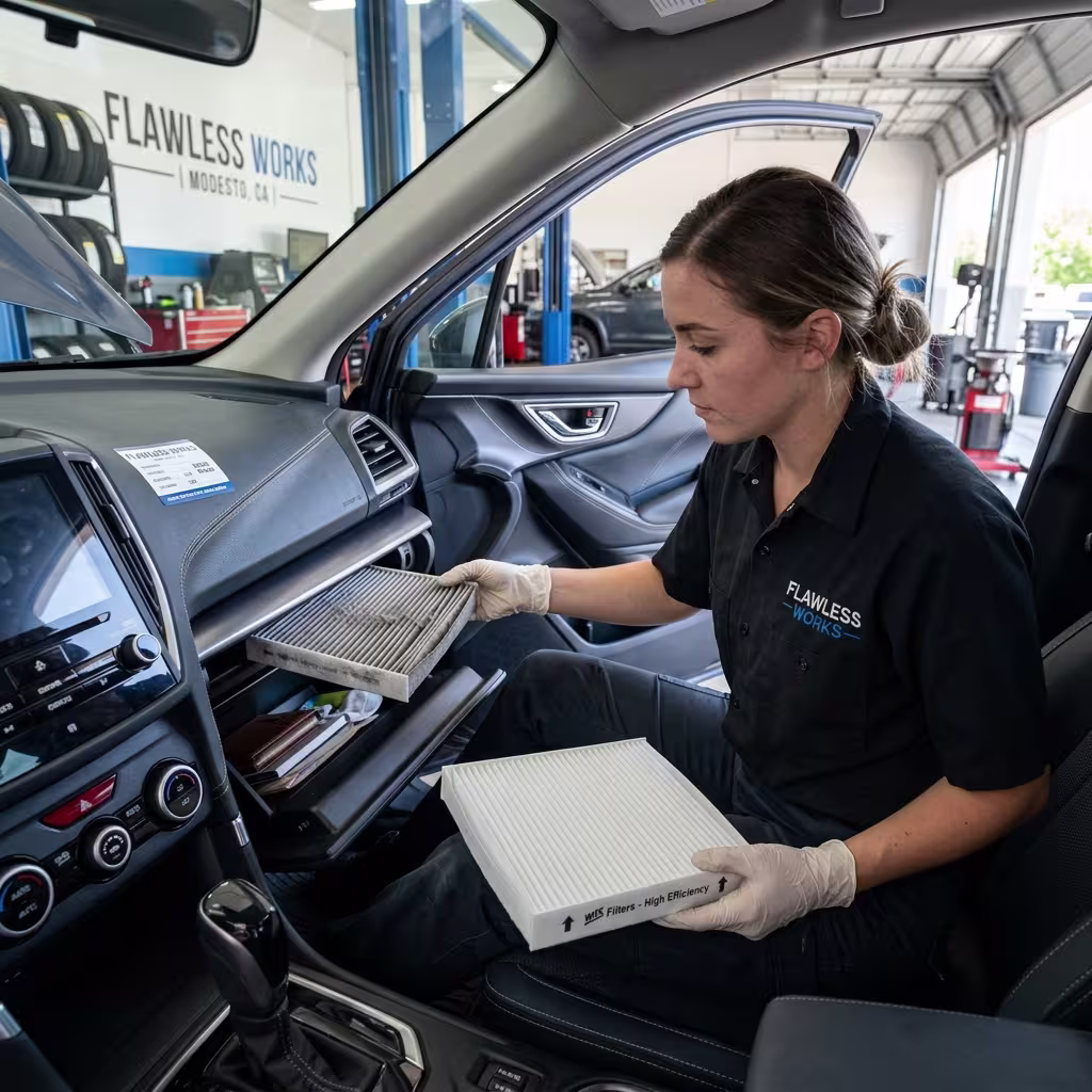 Technician at 'FLawless Works' Modesto, CA, shop, showing how a dirty cabin air filter reduces airflow next to a new WIX filter.