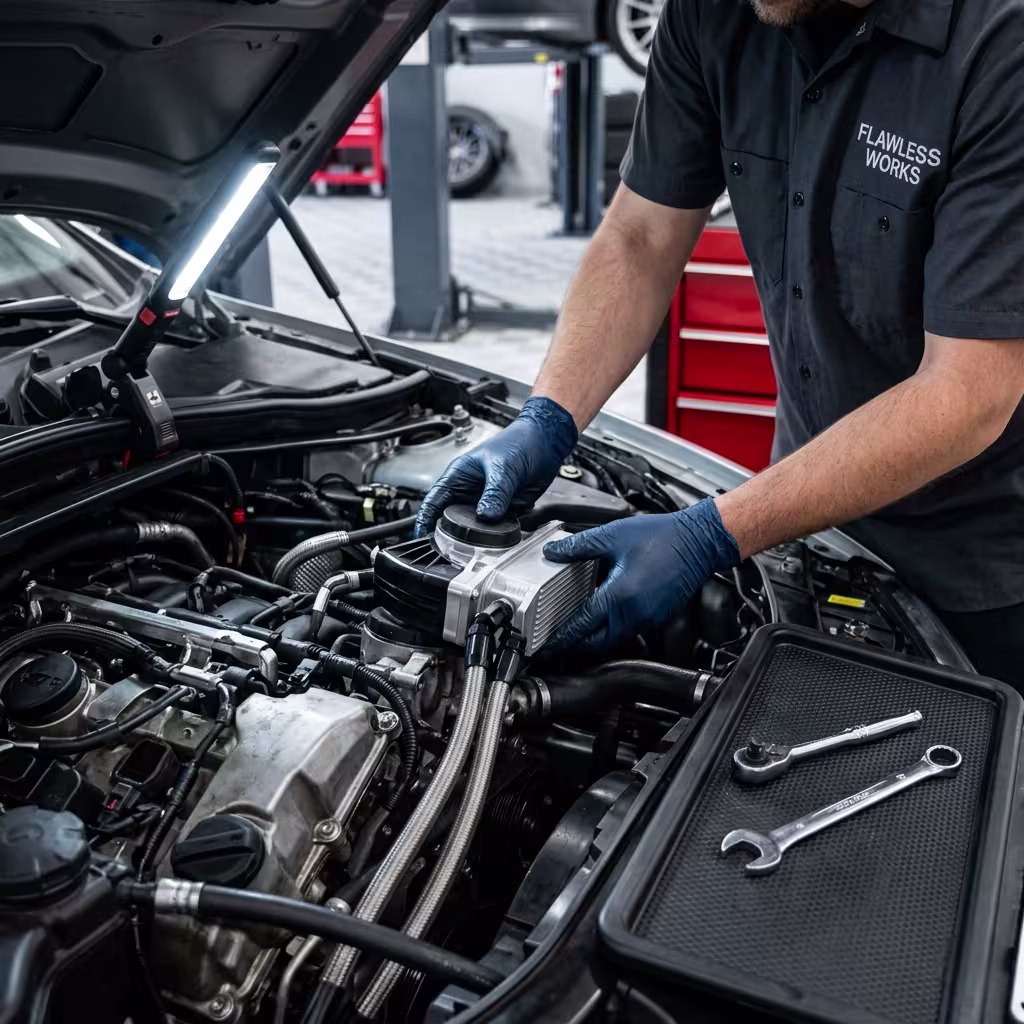Mechanic in 'FLAWLESS WORKS' branded shirt installing new automotive component into a clean engine bay under an LED light, at a Modesto, CA, shop.