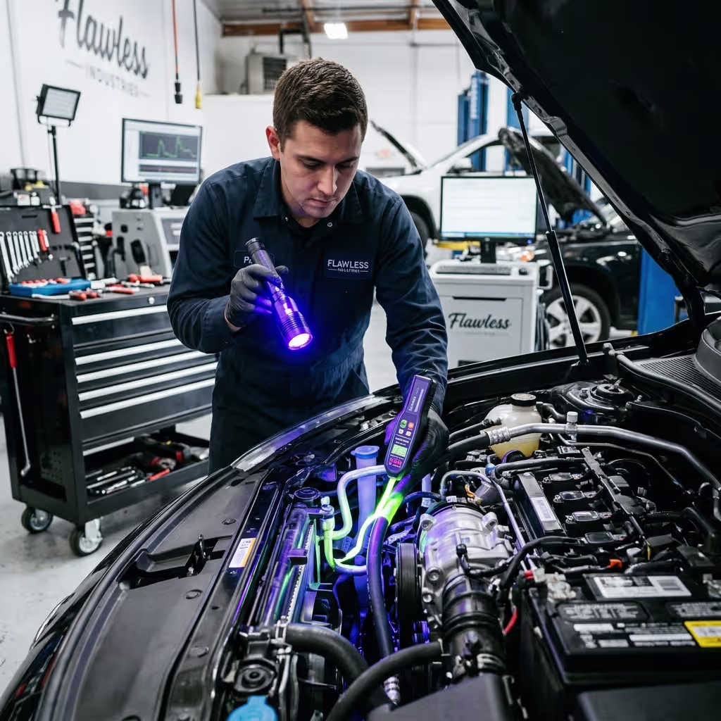 Close-up of technician using a UV dye leak detection tool to find a refrigerant leak in a car engine bay at Flawless Works in Modesto, CA.