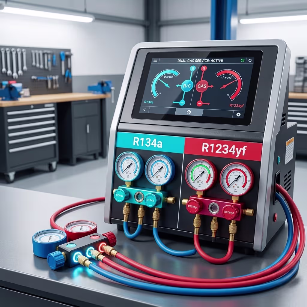 Professional automotive AC recharge station for R134a and R1234yf refrigerants at Flawless Works in Modesto.